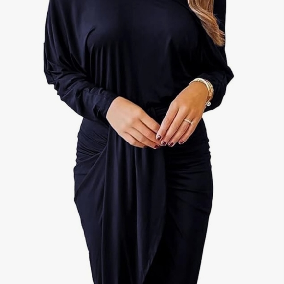 NWT- Size XL- PRETTYGARDEN Blue Ruched Midi Dress,Long Sleeve with Draped Front - Picture 13 of 16